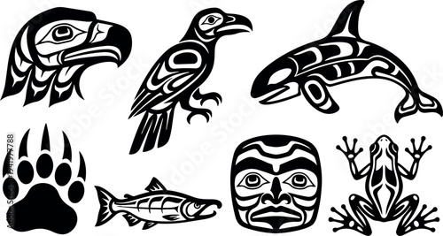 Black and white indigenous art style animal and mask icons including eagle orca frog bear paw salmon and human face