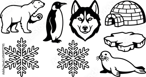 Black and white vector art featuring polar bear penguin husky igloo snowflakes and seal icons simple isolated designs