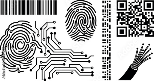High tech circuit fingerprint and barcode elements with qr code and fiber optic cable vector art set of security technology digital identification icons