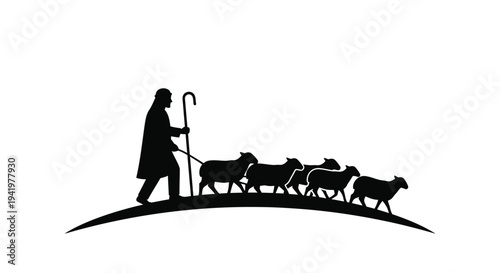 Shepherd guiding sheep depicted within two circular frames silhouette