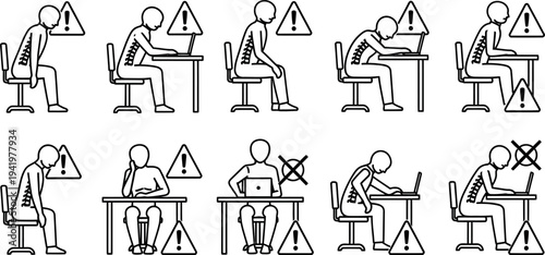 Educational black outline illustrations demonstrating multiple incorrect sitting postures and ergonomic issues for computer users and their spinal health