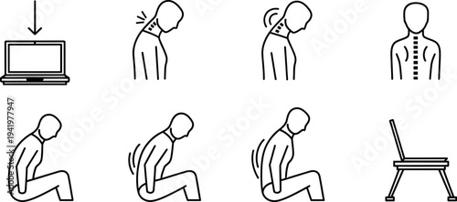 Ergonomic advice showing correct and incorrect posture for laptop users illustrating text neck and back pain prevention