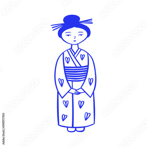 Japanese Girl Wearing Kimono Character Doodle Illustration
