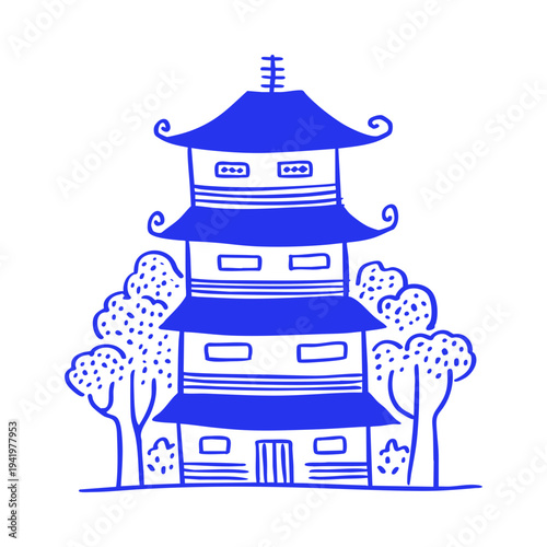 Japanese Pagoda With Trees Temple Architecture Doodle Illustration