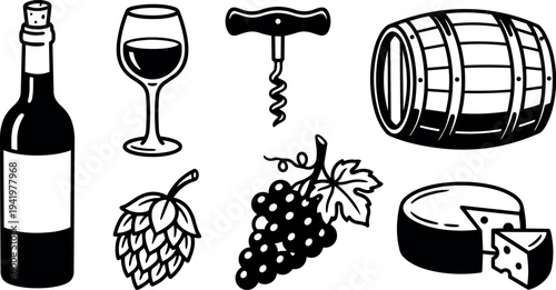 Black and white vector art showing wine bottle glass corkscrew grapes hop barrel and cheese slice illustration set