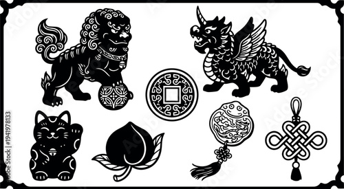 Black silhouette set of traditional chinese symbols including foo dog lucky cat coin peach decorative tassel and endless knot vector art