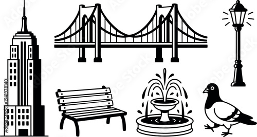 Black and white vector art of cityscape elements including empire state building bridge park bench fountain pigeon and street lamp design