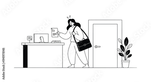 Vector illustration of woman leaving office with coffee cup