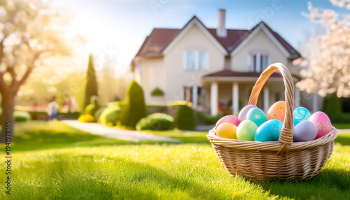 Osternest mit bunten Ostereiern vor Haus und Frühlingsgarten
