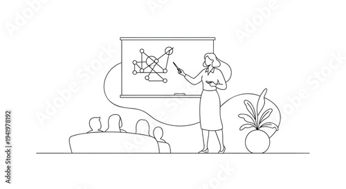 Vector illustration of woman giving presentation to colleagues in minimalist line style