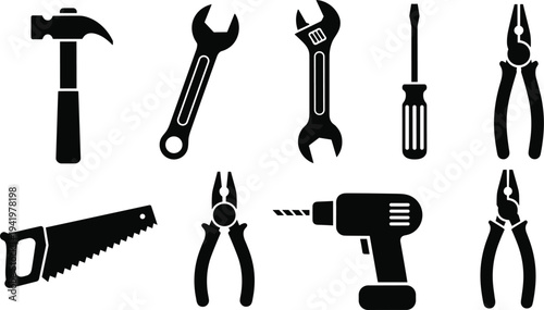Professional construction hand tools vector set in flat design style for hardware store and home repair DIY concepts