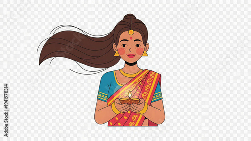 Indian woman in traditional attire holding a diya lamp with flowing hair