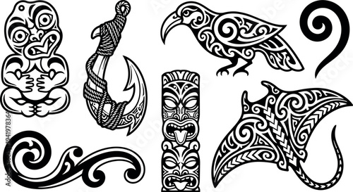 Maori tribal tattoo inspired black and white vector collection including tiki mask hook bird and manta ray designs in flat style