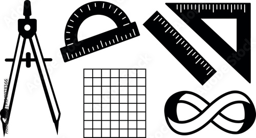 Black silhouette vector set of geometric drawing tools compass protractor rulers grid and infinity symbol icons