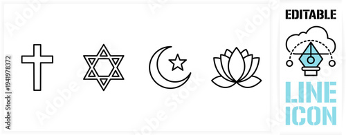 Editable line icon set in a black simple and clean vector outline stroke for world religion symbols, christian cross, star of david, islamic crescent moon with star, and lotus flower spirituality.