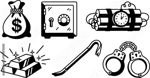 Black and white vector icons of money bag safe dynamite gold bars crowbar and handcuffs isolated on white background illustration