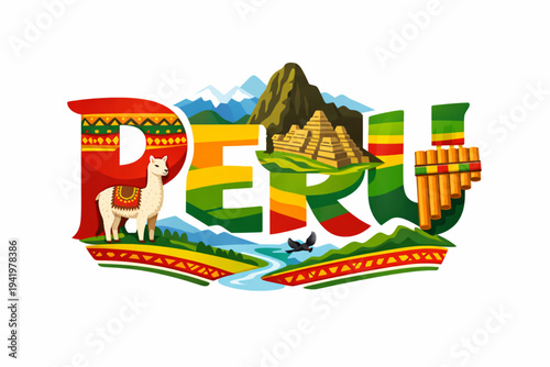 Peru Typography Lettering Design with Machu Picchu and Andean Culture Elements