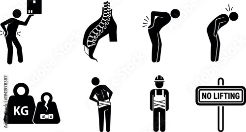 Comprehensive stick figure icon set depicting various back pain conditions and vital workplace lifting safety warnings