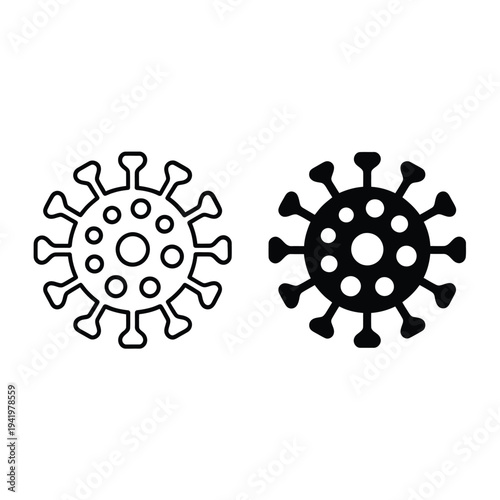 Two black and white illustrations of virus cells with spiky exteriors