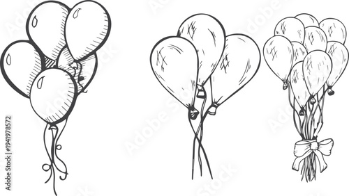 Hand Drawn Balloon Bunch Set – Outline Groups of Floating Balloons, Doodle Style Celebration Party Vector Illustration Isolated on White Background