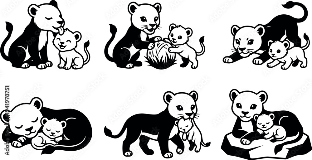 Fototapeta premium Black and white minimalist vector art of lioness mother interacting with playful cubs in various nurturing poses simple animal family illustrations