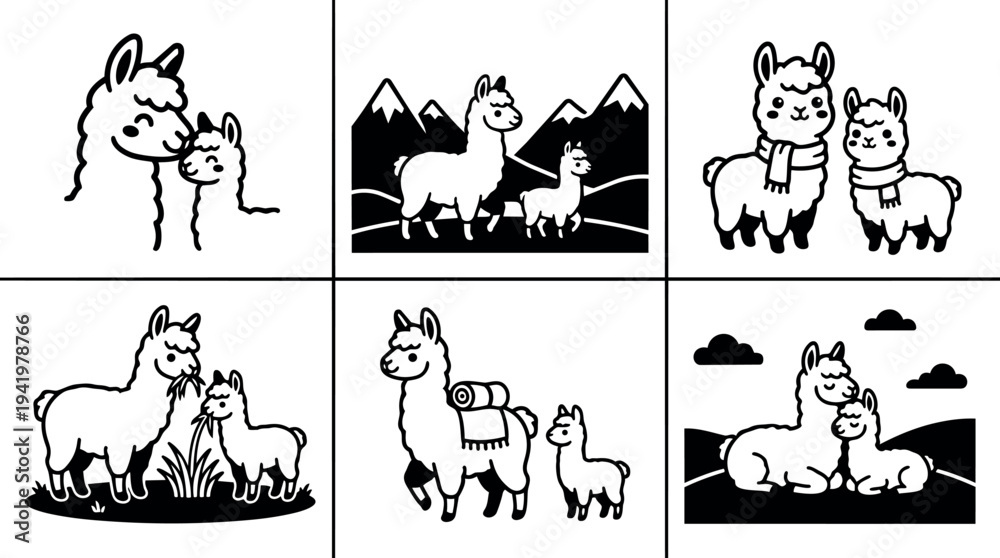 Fototapeta premium Cute vector art of adult and baby llamas in various poses including standing resting and wearing scarves with mountain backgrounds