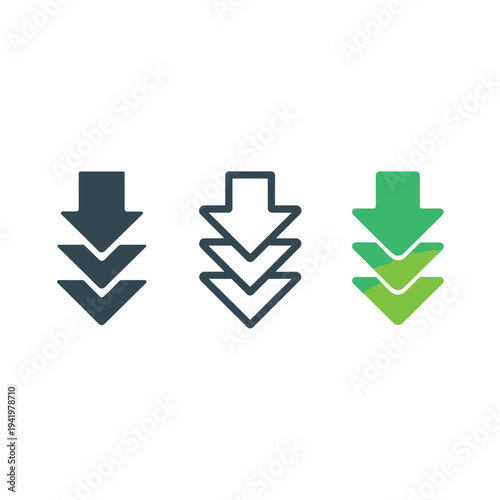 Three downward arrows in varying colors representing data flow or progress