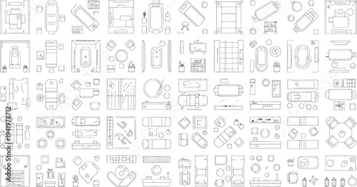 A collection of various technical mechanical engineering drawings and diagrams isolated on transparent background