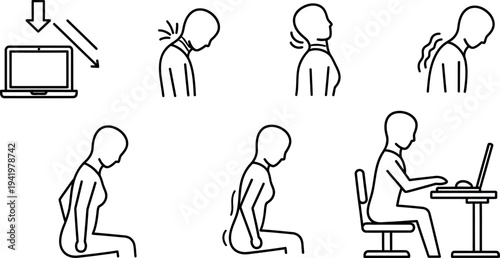 Comprehensive ergonomic guide displaying various poor and good postures for laptop users and body pain prevention