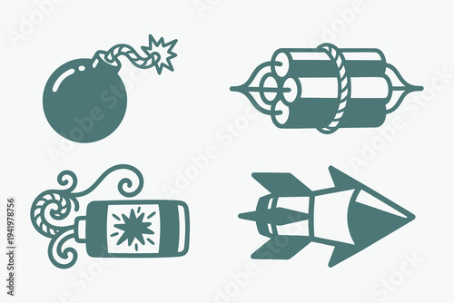 Explosive Weapons Bomb Dynamite and Rocket Icon Set