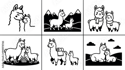 Cute vector art of adult and baby llamas in various poses including standing resting and wearing scarves with mountain backgrounds