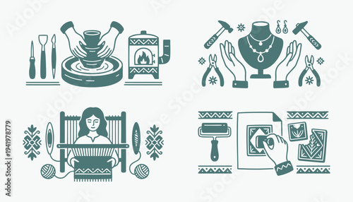 Handmade Crafts Artisan Workshop Vector Icon Set