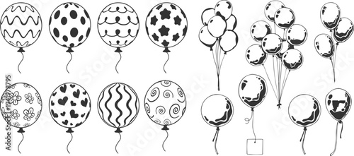 Balloon Outline Doodle Set – Decorative Inflatable Balloons with Patterns, Linear Bunches in Different Shapes, Party Birthday Vector Clipart Collection