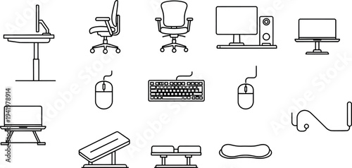 Comprehensive collection of modern ergonomic office equipment and computer accessories line art icons for workspace health and productivity design