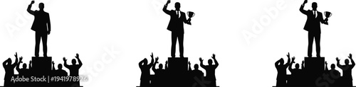 Victory celebration silhouette, winner on podium, cheering crowd, trophy success, leadership achievement, teamwork recognition, cad drawing flat vector illustration