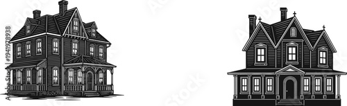 Victorian house and modern home illustration, architectural building design, vintage vs contemporary housing artwork, residential vector drawing