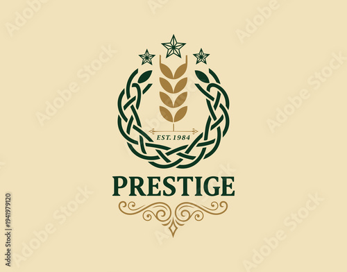 Vintage Heraldic Crest Featuring Woven Laurel Wreath and Wheat Ear Symbol with Elegant Typography for Traditional Agriculture or Brewery Business