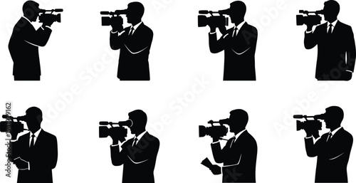 Videographer silhouettes, cameraman, journalist, reporter, filming, video camera, media, news, recording, professional