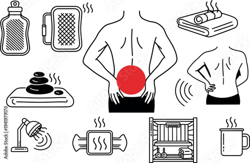 Comprehensive collection of heat therapy and pain relief line art icons featuring hot water bottles sauna stones and backache illustrations