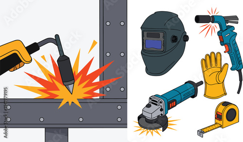 WebWelding and metal fabrication tools set featuring industrial welder working on steel frame with grinder, helmet, gloves, and measuring tape.