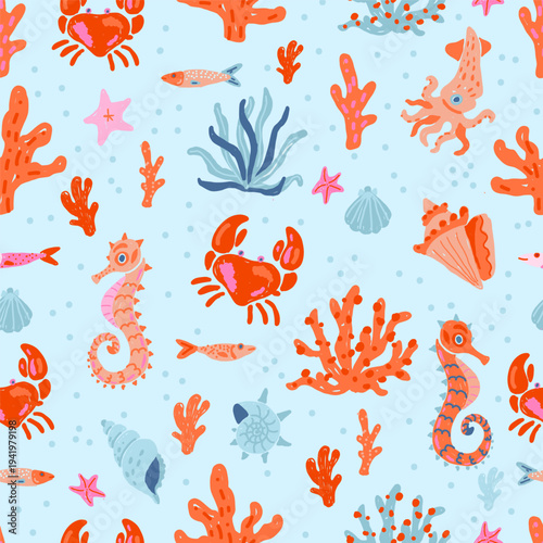 Hand draw ocean seamless pattern in vector format. Naive art sea animals with coral, crab and seahorse on light blue background