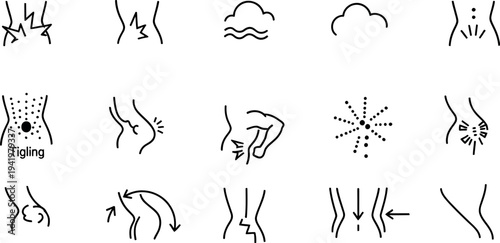 Collection of various body pain and discomfort line icons illustrating common medical symptoms and conditions such as back ache stomach pain tingling sensation muscle injury swelling