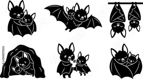 Cute mother and baby bats hugging flying hanging from branch cave resting close cartoon silhouette vector art