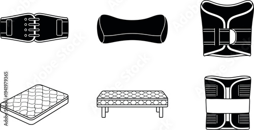 Collection of medical back support devices and comfortable sleep accessories including mattresses and ergonomic pillows illustrated as line art