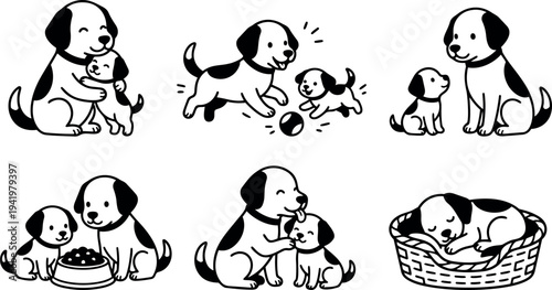Cute black and white dog and puppy playing eating sleeping and hugging set vector line art