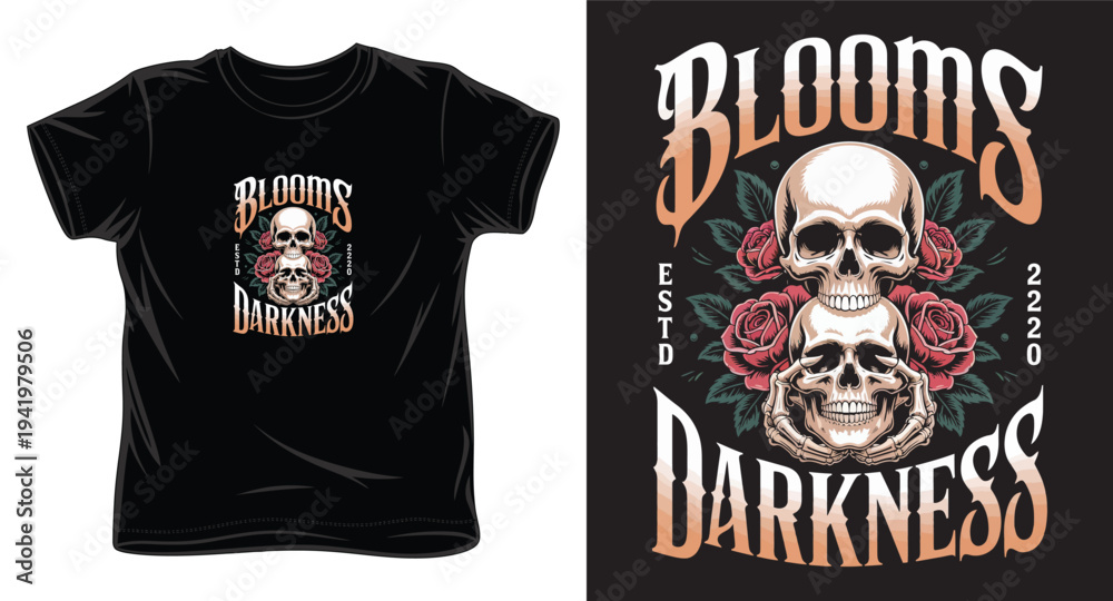 Fototapeta premium Vintage gothic t-shirt design with stacked skulls and blooming roses for streetwear apparel print