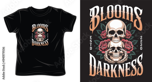 Vintage gothic t-shirt design with stacked skulls and blooming roses for streetwear apparel print