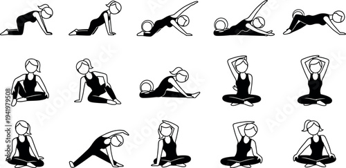 Collection of black and white line art icons depicting women performing various yoga and stretching exercises for health and relaxation