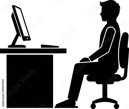 A professional male silhouette works diligently at a computer desk on an office chair emphasizing productivity and remote work