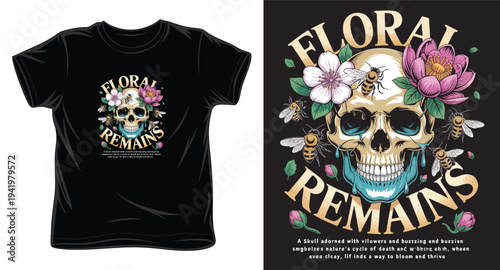 Floral remains t-shirt illustration featuring human skull with vibrant flowers and buzzing bees